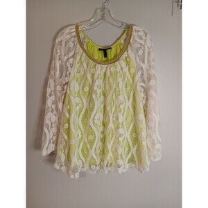 Lane Bryant Lace Overlay Peasant Blouse Top White Lime Green Underlay 14/16
